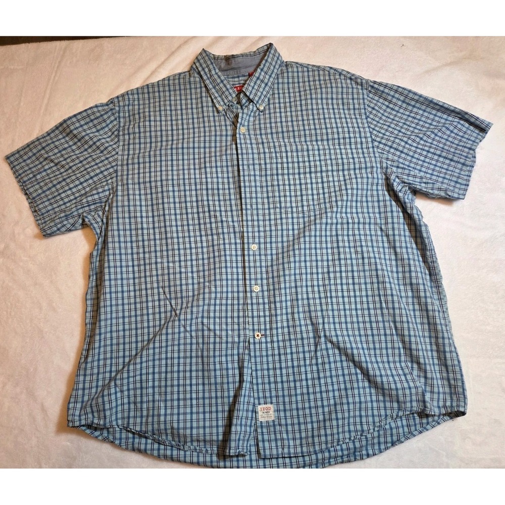 104-IZOD Saltwater Men 2x Blue Plaid Button Front Short Sleeve Shirt 100% Cotton